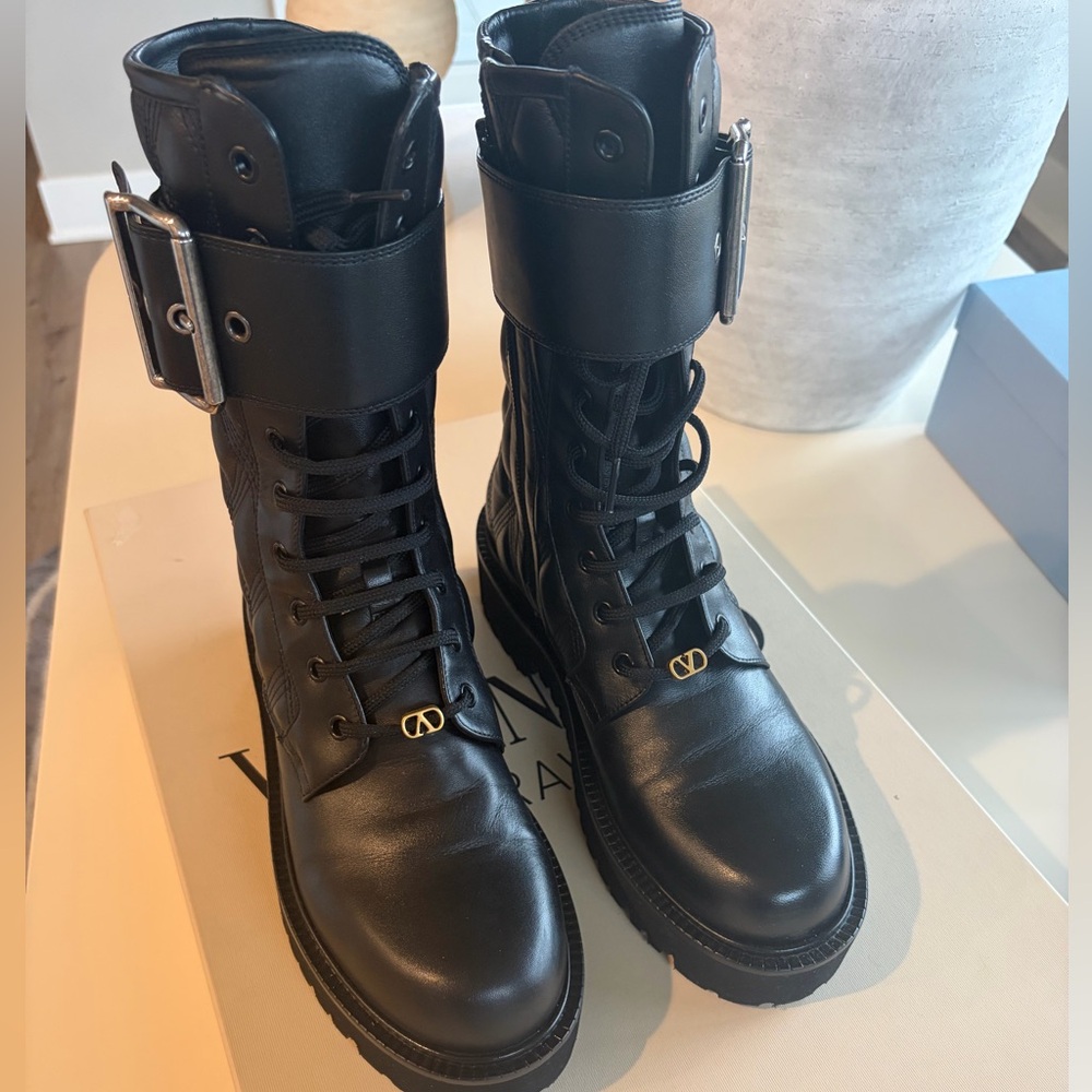 Valentino Black Leather Combat Boots